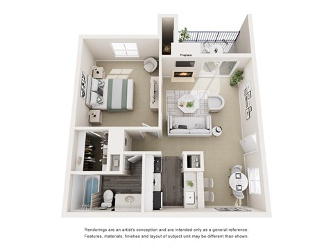 Floor plan for 1 bed, 1 bath, 678 sqft
